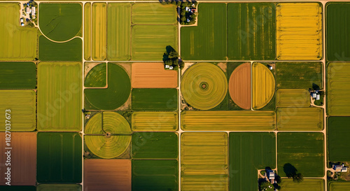 Overhead View of Agricultural Fields With Geometric Patterns of Crops and Irrigation Circles Keywords: agriculture, aerial, overhead, view, fields, crops