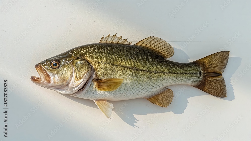 Naklejka premium A largemouth bass fish lying on a flat surface.