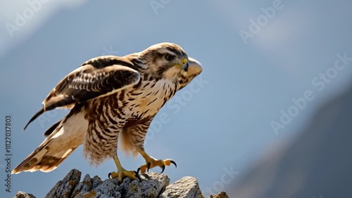Magnificent hawk perched atop rocky outcrop, preparing for flight against scenic mountain backdrop