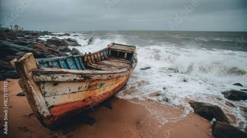 Fototapeta Naklejka Na Ścianę i Meble -  Stunning photo of old boat on the beach with sea waves crashing on the shore.