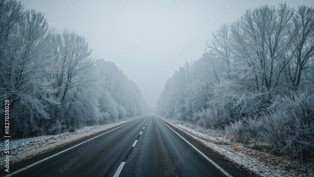 Fototapeta premium Empty winter road through snow-covered trees on a foggy day.