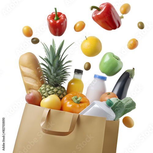 Assorted groceries falling in a paper bag