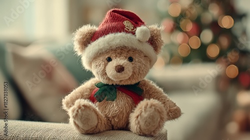 Teddy Bear with Santa Hat: A cute teddy bear with a Santa hat in a cozy room, the image evokes feelings of holiday cheer and childhood joy.