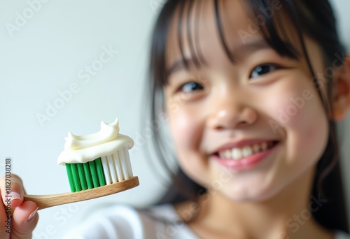 A portrait of an Asian girl holding a Christmas tree made of toothpaste on her toothbrush against a light background. The toothbrush and toothpaste are in focus, while the child is out of focus