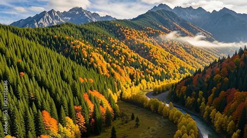 Autumnal River Valley - A Scenic Mountain Landscape.