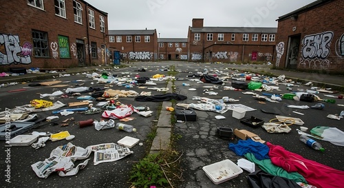 Dilapidated Urban Courtyard Littered With Debris and Graffiti