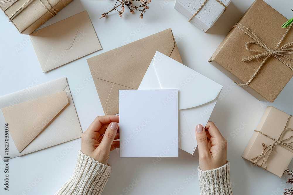 Fototapeta premium Hands holding blank greeting card on table with gift boxes