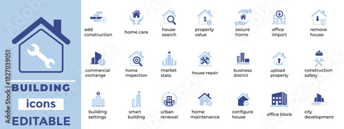 Building and Real Estate Icons Vector Set Editable Construction and Property UI Symbols