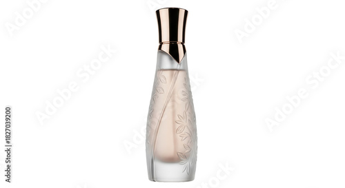 Elegant perfume bottle isolated PNG on transparent background, luxurious fragrance with gold cap and floral design for beauty and fashion