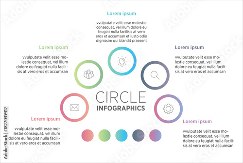 PrA five‑circle infographic displays information through five distinct or linked circles, each representing a step, category, or idea. Inside every circle, a short label or icon highlights the key int