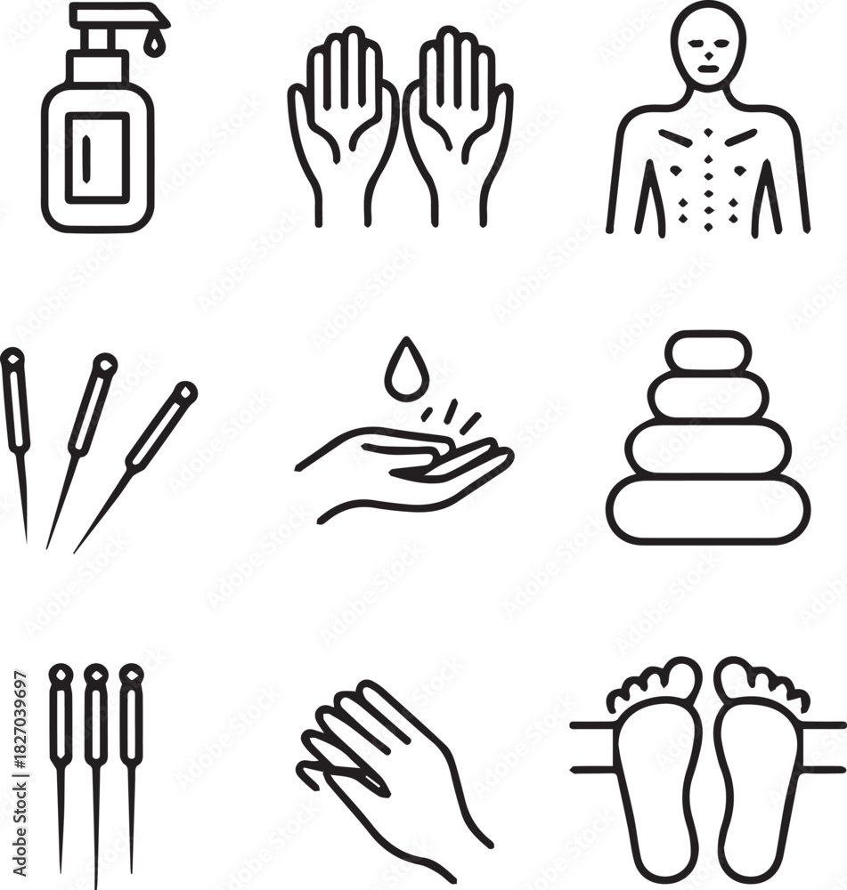 Fototapeta premium Acupuncture needles massage stones soap dispenser hands and feet icons vector