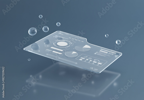 Transparent futuristic holographic interface panel with data visualization and water droplets floating in a clean, minimalist blue environment with soft reflection