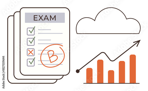 Exam papers with graded answers and a B grade alongside a progress graph trending upward. Ideal for education, learning, achievements, academic analysis, growth, performance tracking, motivation