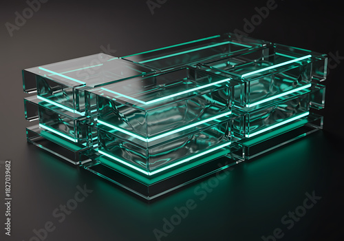 Abstract futuristic data storage module made of glowing cyan neon light encased in transparent glass blocks on a dark background, representing technology and digital information