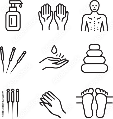 Acupuncture needles massage stones soap dispenser hands and feet icons vector