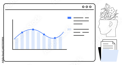 Analytical graph on computer screen, head with blooming flowers symbolizing creativity, and organized documents. Ideal for business, strategy, data, analysis, innovation growth education. Simple
