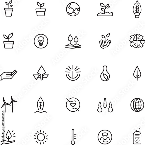 A set of line icons related to climate change. Global warming, drought, sea level rise, disasters and so on. Vector outline icons set.

