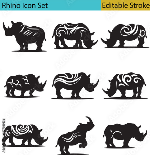 Rhino silhouette vector art black and white animal illustration drawing design set