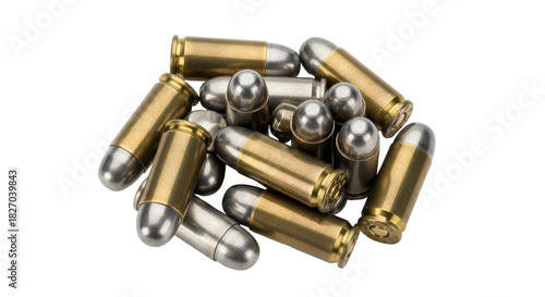 Pile of 45 ACP bullets isolated PNG, ammunition for handgun and pistol, self-defense and shooting sport equipment