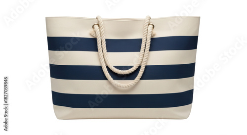Cuadro en lienzo Striped beach bag isolated PNG on transparent background, navy blue and white to