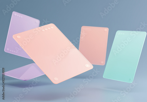 Four floating translucent digital tablet devices in pastel colors like peach, lavender, and mint green against a soft blue background, rendered in 3d