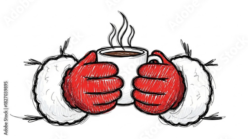 Cozy winter morning concept with steaming coffee mug held in red mittens, perfect for holiday greeting cards and seasonal promotions, vector origin