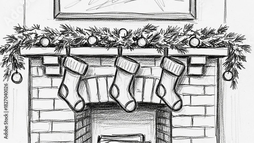 Cozy Christmas fireplace scene with hanging stockings, perfect for holiday greetings and seasonal promotions, hand-drawn style for warmth and nostalgia