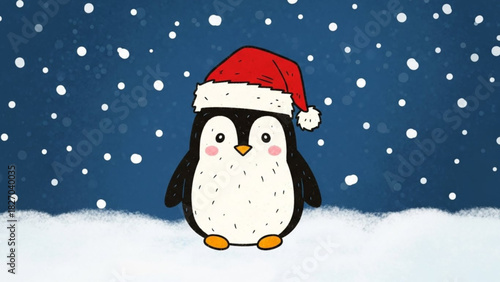 Festive penguin wearing a Santa hat in a snowy scene, perfect for holiday cards and winter promotions, originally a scalable vector graphic