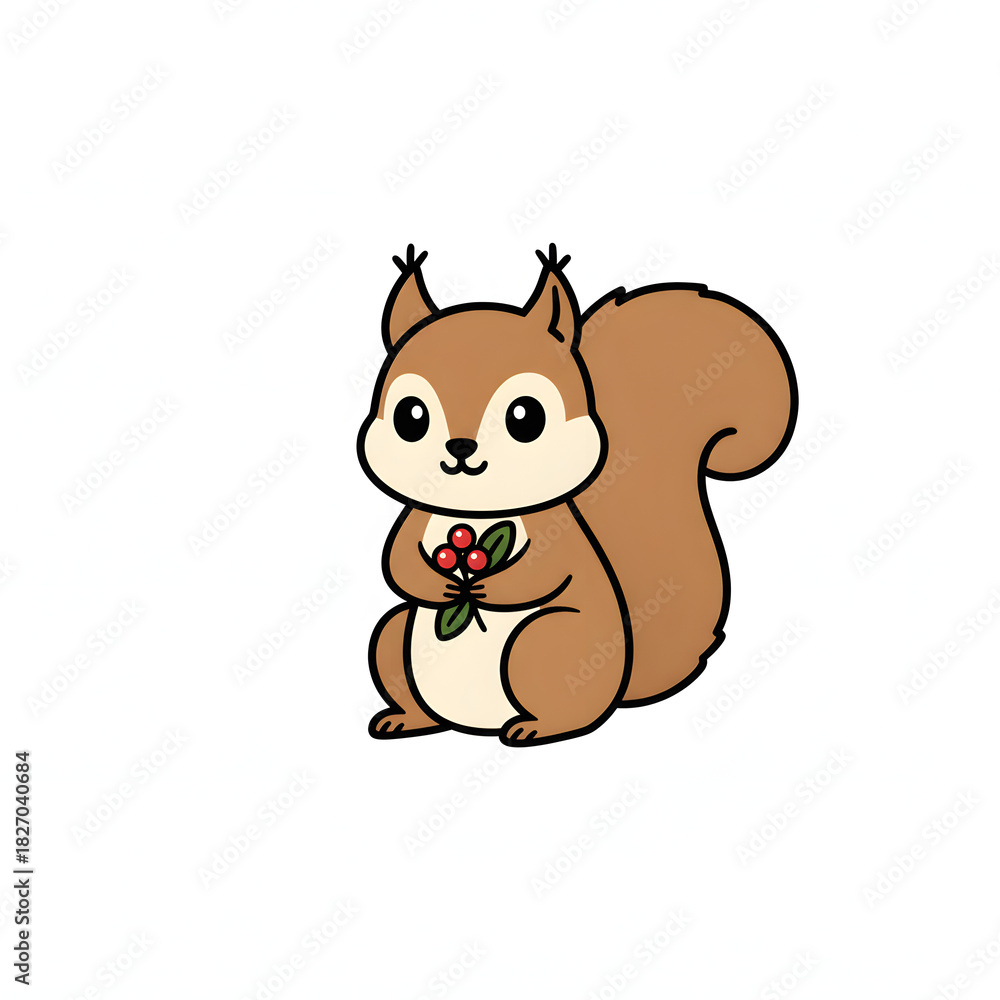 Fototapeta premium Drawn Cute Cartoon Squirrel Character Holding Holly Berries
