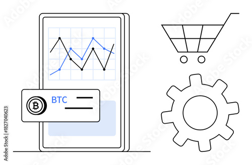Mobile screen displaying BTC wallet and chart line analysis, accompanied by shopping cart and gear. Ideal for cryptocurrency, trading, finance, e-commerce, technology, automation, digital economy