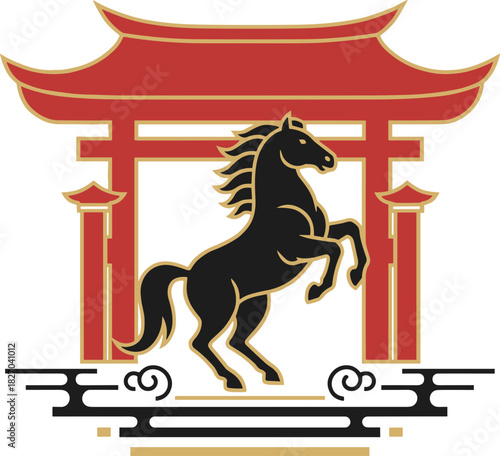 Rearing horse in front of ornate Chinese gate, symbolizing strength and cultural significance