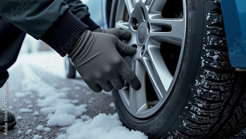 Vivid winter tire change roadside close-up of hands working on car tire with snowy frosty asphalt