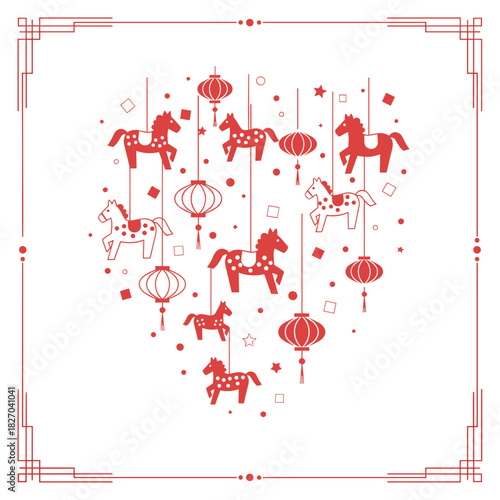 Chinese New Year 2026 celebration design with heart-shaped arrangement of horses and lanterns