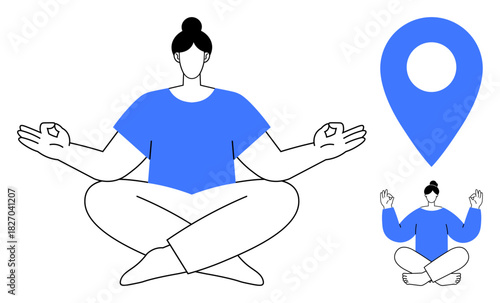 Individual meditating in a cross-legged pose with a large location marker alongside. Ideal for wellness, mindfulness, focus, balance, inner peace, mental health, simple flat metaphor