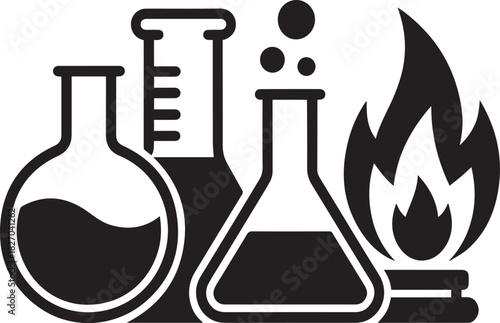 Black and white graphic of laboratory beakers and a flame science experiment
