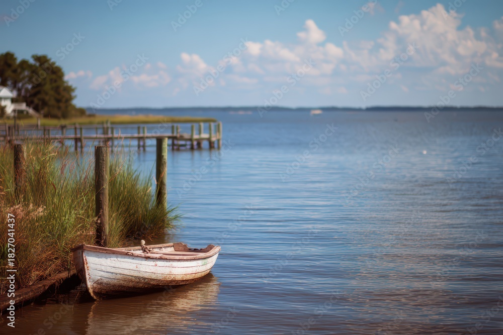 Naklejka premium Serene Waters of Outerbanks: A Blurry View of Roanoke Island with Boats and Blue Skies