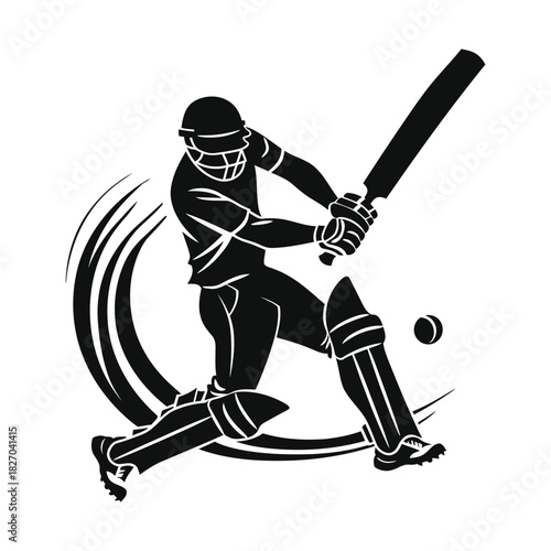 Dynamic cricket batsman silhouette hitting ball in action pose