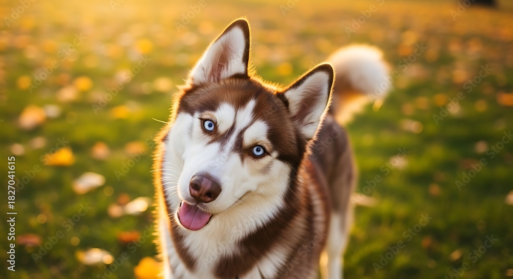 Obraz premium Golden Hour Portrait of a Happy Siberian Husky with Blue Eyes in an Autumnal Setting