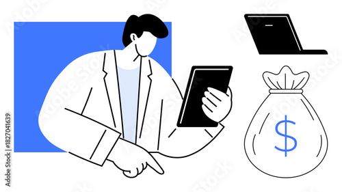 Man interacts with tablet, pointing to analysis, with laptop and bag of money. Ideal for finance, business, investment, technology, economy strategy and e-commerce concepts. Minimalist flat