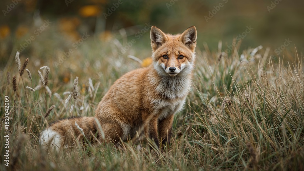 Naklejka premium A fox sitting in tall grass in a natural outdoor setting, surrounded by greenery.