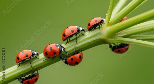 Macro photography of seven ladybugs clustered on a vibrant green plant stem
