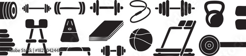 Fitness equipment icons including dumbbells and kettlebell gym vector illustration