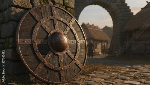 Weathered round wooden shield reflecting viking heritage battle tradition settlement life and historical reenactment ambience