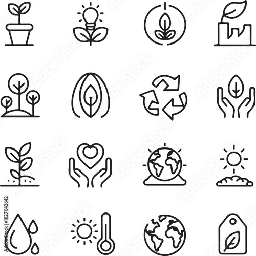 Eco and environmental icon set highlighting sustainability, biodiversity, and climate data

