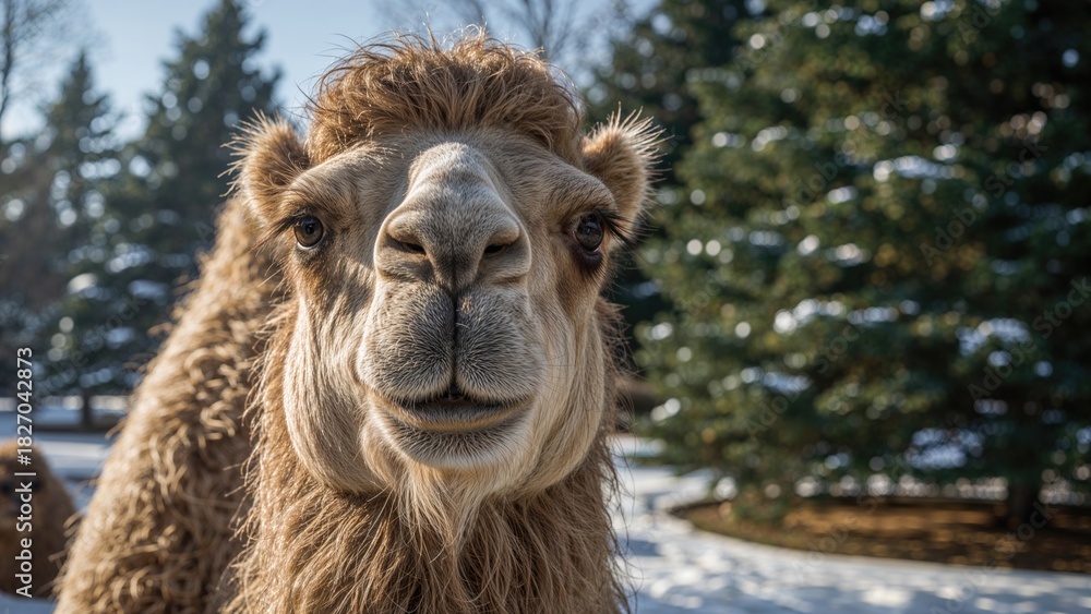 Obraz premium Close-up of a camel's face with trees and snow in the background. Animals and wildlife, nature photography. The focus on the animalâ€™s face and expressive eyes.