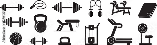 Gym equipment vector icons for fitness exercise and workout concepts
