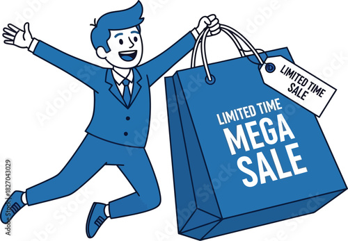 A joyful man in a suit leaps with a large shopping bag that says "Limited Time Mega Sale".