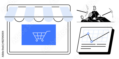 Shop storefront with cart sign, cryptocurrency mining tools, and graph on screen highlighting e-commerce, blockchain, data analysis, digital economy, innovation, market trends, simple flat metaphor