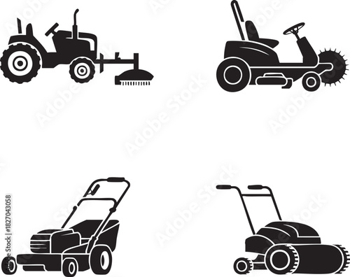 Lawn care equipment vector collection various mowers and tractor icons