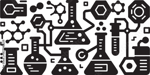 Black and white science laboratory icons and molecular structures chemistry biology